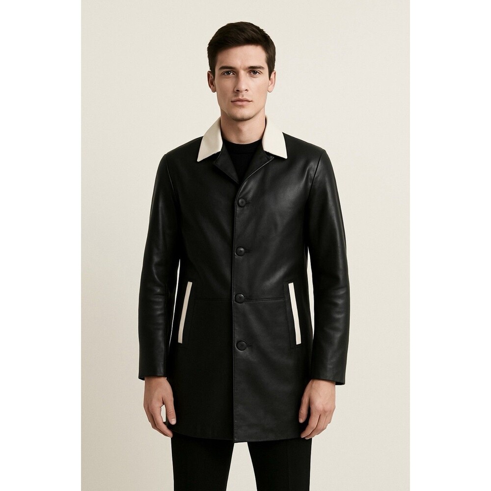 Stacy Adam’s Black Leather Coat Jacket Men’s Sz L Contrast White Collar Trim Mod